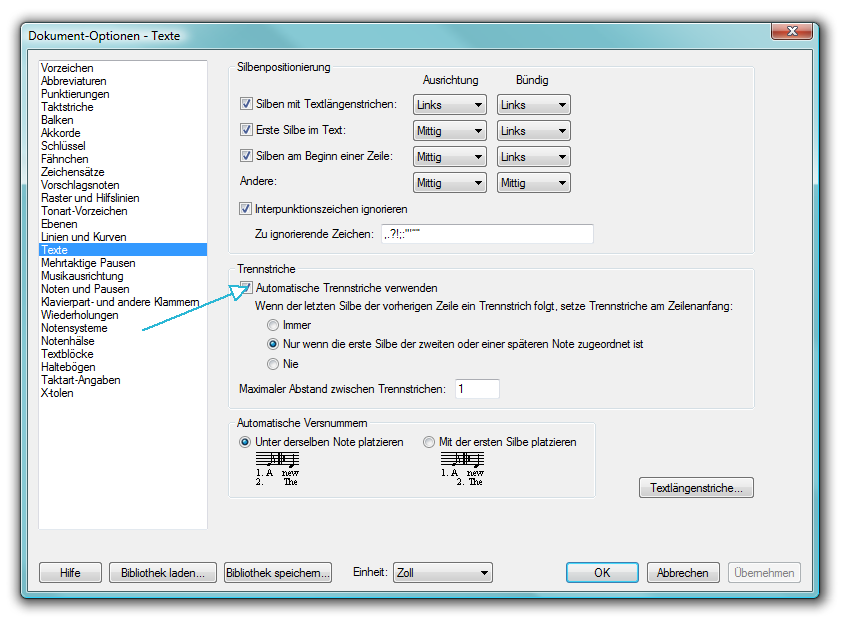 Dokument-Optionen - Texte-Dialogbox mit markierter Option Automatische Trennstriche verwenden